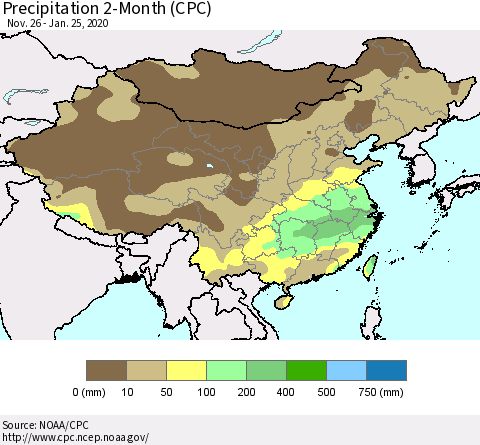 China, Mongolia and Taiwan Precipitation 2-Month (CPC) Thematic Map For 11/26/2019 - 1/25/2020