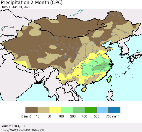 China, Mongolia and Taiwan Precipitation 2-Month (CPC) Thematic Map For 12/1/2019 - 1/31/2020