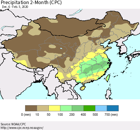 China, Mongolia and Taiwan Precipitation 2-Month (CPC) Thematic Map For 12/6/2019 - 2/5/2020