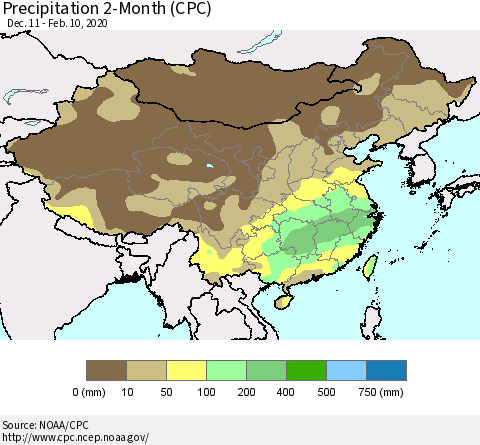 China, Mongolia and Taiwan Precipitation 2-Month (CPC) Thematic Map For 12/11/2019 - 2/10/2020