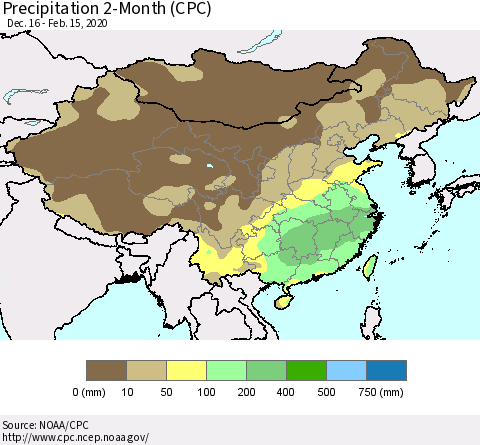 China, Mongolia and Taiwan Precipitation 2-Month (CPC) Thematic Map For 12/16/2019 - 2/15/2020