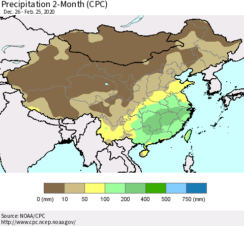 China, Mongolia and Taiwan Precipitation 2-Month (CPC) Thematic Map For 12/26/2019 - 2/25/2020