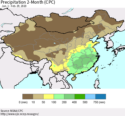 China, Mongolia and Taiwan Precipitation 2-Month (CPC) Thematic Map For 1/1/2020 - 2/29/2020