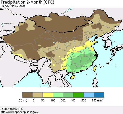 China, Mongolia and Taiwan Precipitation 2-Month (CPC) Thematic Map For 1/6/2020 - 3/5/2020