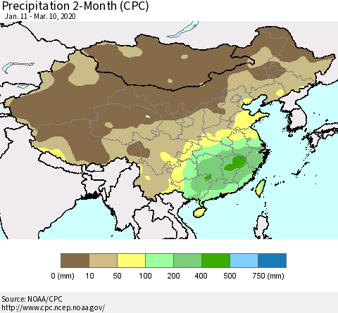 China, Mongolia and Taiwan Precipitation 2-Month (CPC) Thematic Map For 1/11/2020 - 3/10/2020