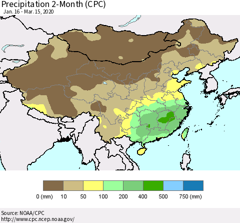 China, Mongolia and Taiwan Precipitation 2-Month (CPC) Thematic Map For 1/16/2020 - 3/15/2020