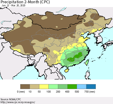 China, Mongolia and Taiwan Precipitation 2-Month (CPC) Thematic Map For 1/21/2020 - 3/20/2020