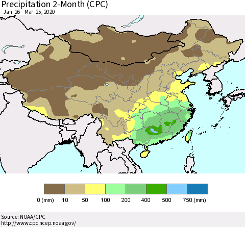 China, Mongolia and Taiwan Precipitation 2-Month (CPC) Thematic Map For 1/26/2020 - 3/25/2020