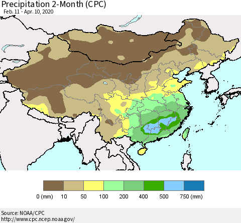 China, Mongolia and Taiwan Precipitation 2-Month (CPC) Thematic Map For 2/11/2020 - 4/10/2020