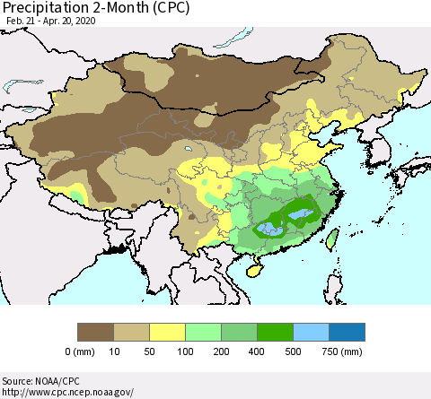 China, Mongolia and Taiwan Precipitation 2-Month (CPC) Thematic Map For 2/21/2020 - 4/20/2020