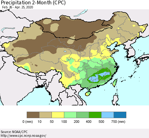 China, Mongolia and Taiwan Precipitation 2-Month (CPC) Thematic Map For 2/26/2020 - 4/25/2020