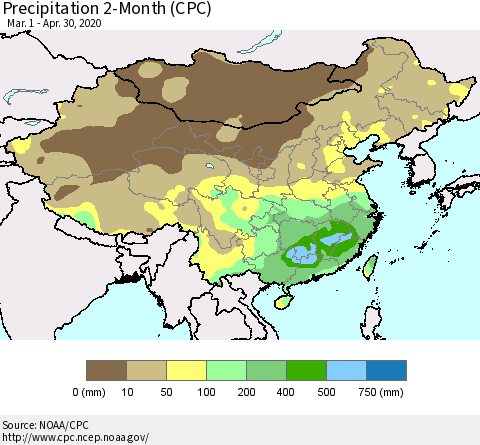 China, Mongolia and Taiwan Precipitation 2-Month (CPC) Thematic Map For 3/1/2020 - 4/30/2020