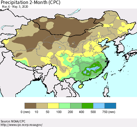 China, Mongolia and Taiwan Precipitation 2-Month (CPC) Thematic Map For 3/6/2020 - 5/5/2020