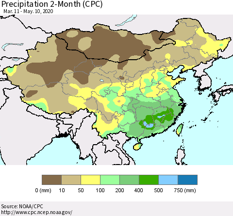 China, Mongolia and Taiwan Precipitation 2-Month (CPC) Thematic Map For 3/11/2020 - 5/10/2020