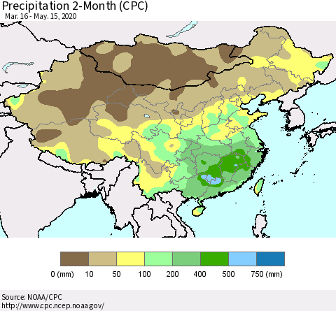 China, Mongolia and Taiwan Precipitation 2-Month (CPC) Thematic Map For 3/16/2020 - 5/15/2020