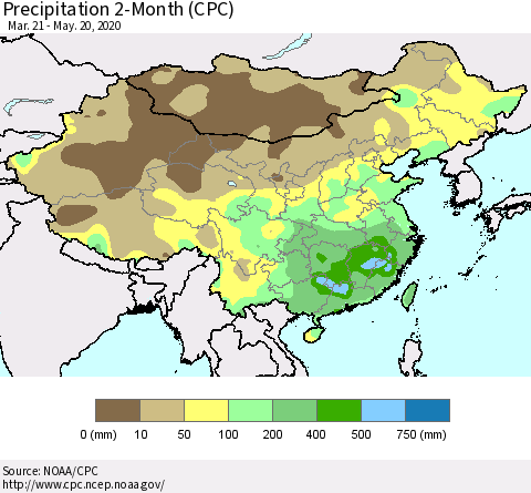 China, Mongolia and Taiwan Precipitation 2-Month (CPC) Thematic Map For 3/21/2020 - 5/20/2020