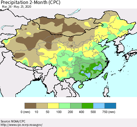 China, Mongolia and Taiwan Precipitation 2-Month (CPC) Thematic Map For 3/26/2020 - 5/25/2020