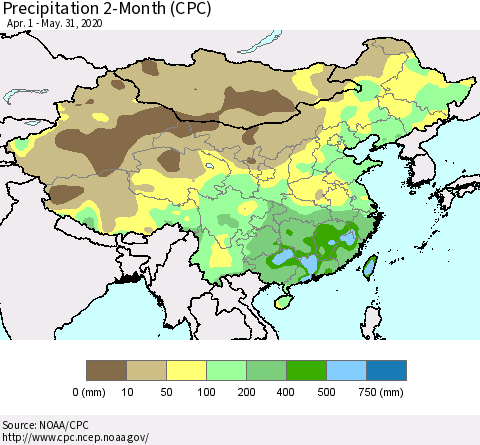 China, Mongolia and Taiwan Precipitation 2-Month (CPC) Thematic Map For 4/1/2020 - 5/31/2020