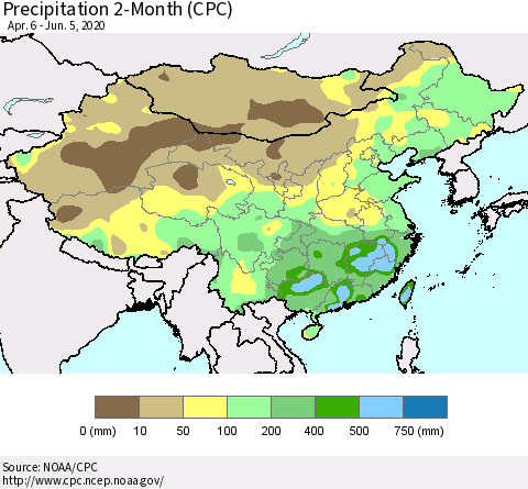 China, Mongolia and Taiwan Precipitation 2-Month (CPC) Thematic Map For 4/6/2020 - 6/5/2020