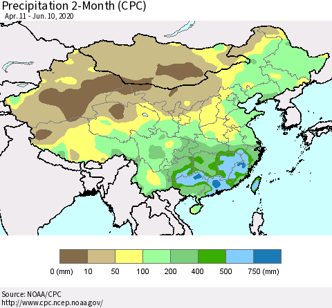 China, Mongolia and Taiwan Precipitation 2-Month (CPC) Thematic Map For 4/11/2020 - 6/10/2020