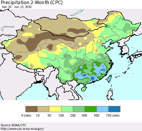 China, Mongolia and Taiwan Precipitation 2-Month (CPC) Thematic Map For 4/16/2020 - 6/15/2020