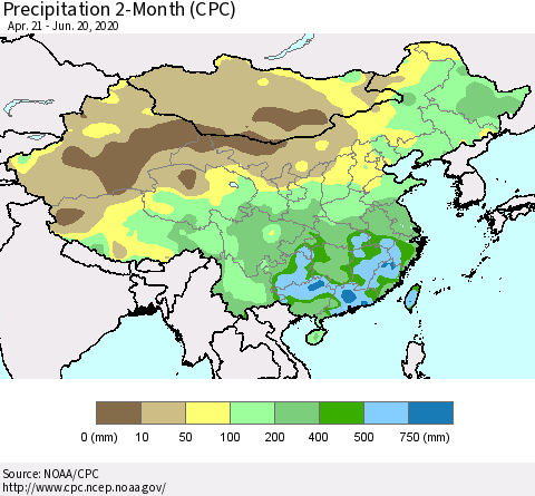 China, Mongolia and Taiwan Precipitation 2-Month (CPC) Thematic Map For 4/21/2020 - 6/20/2020