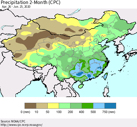China, Mongolia and Taiwan Precipitation 2-Month (CPC) Thematic Map For 4/26/2020 - 6/25/2020