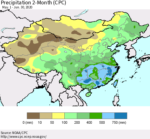 China, Mongolia and Taiwan Precipitation 2-Month (CPC) Thematic Map For 5/1/2020 - 6/30/2020