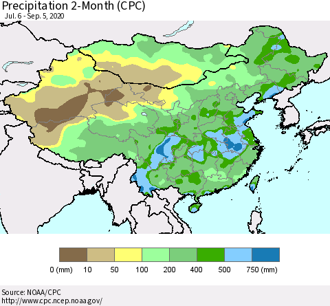China, Mongolia and Taiwan Precipitation 2-Month (CPC) Thematic Map For 7/6/2020 - 9/5/2020
