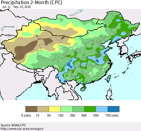 China, Mongolia and Taiwan Precipitation 2-Month (CPC) Thematic Map For 7/11/2020 - 9/10/2020
