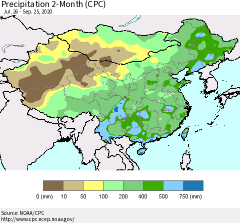 China, Mongolia and Taiwan Precipitation 2-Month (CPC) Thematic Map For 7/26/2020 - 9/25/2020