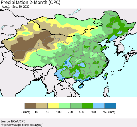 China, Mongolia and Taiwan Precipitation 2-Month (CPC) Thematic Map For 8/1/2020 - 9/30/2020