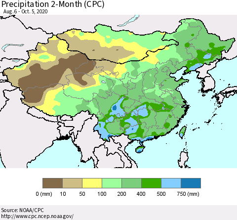 China, Mongolia and Taiwan Precipitation 2-Month (CPC) Thematic Map For 8/6/2020 - 10/5/2020