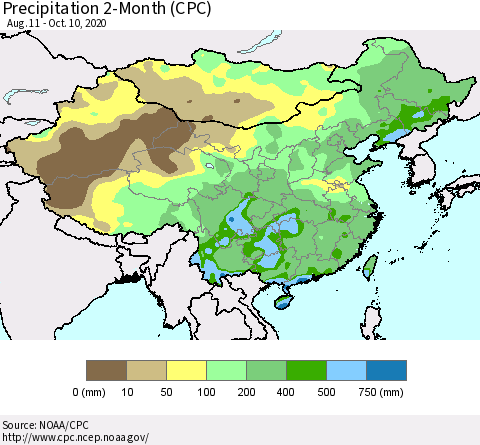China, Mongolia and Taiwan Precipitation 2-Month (CPC) Thematic Map For 8/11/2020 - 10/10/2020