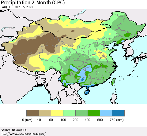 China, Mongolia and Taiwan Precipitation 2-Month (CPC) Thematic Map For 8/16/2020 - 10/15/2020