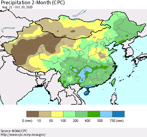 China, Mongolia and Taiwan Precipitation 2-Month (CPC) Thematic Map For 8/21/2020 - 10/20/2020