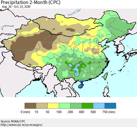 China, Mongolia and Taiwan Precipitation 2-Month (CPC) Thematic Map For 8/26/2020 - 10/25/2020