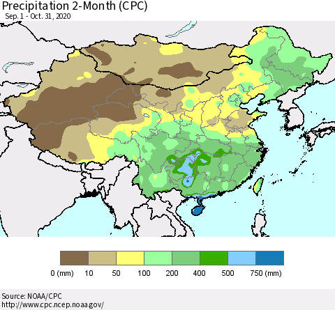 China, Mongolia and Taiwan Precipitation 2-Month (CPC) Thematic Map For 9/1/2020 - 10/31/2020
