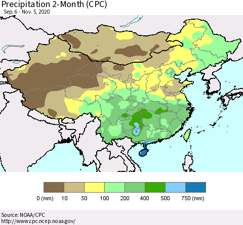 China, Mongolia and Taiwan Precipitation 2-Month (CPC) Thematic Map For 9/6/2020 - 11/5/2020