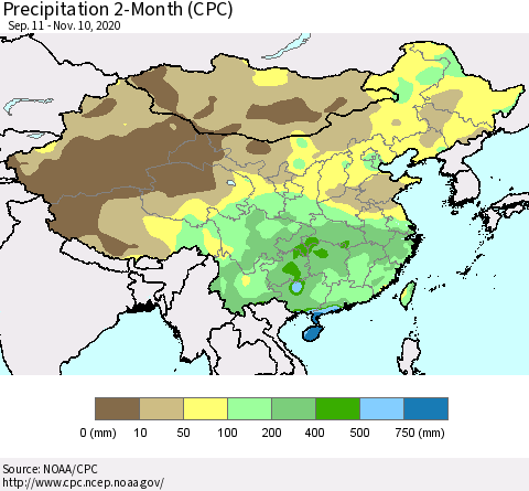 China, Mongolia and Taiwan Precipitation 2-Month (CPC) Thematic Map For 9/11/2020 - 11/10/2020