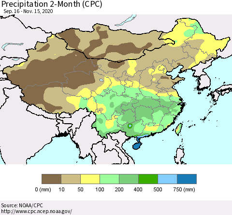 China, Mongolia and Taiwan Precipitation 2-Month (CPC) Thematic Map For 9/16/2020 - 11/15/2020