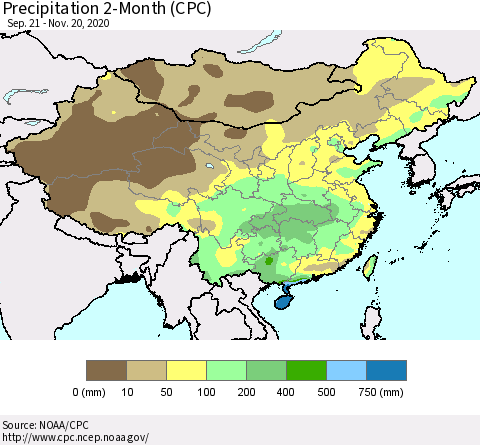 China, Mongolia and Taiwan Precipitation 2-Month (CPC) Thematic Map For 9/21/2020 - 11/20/2020