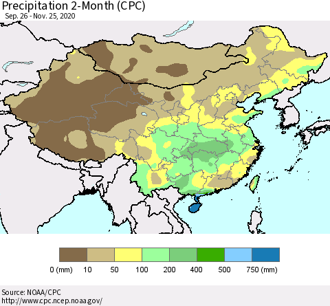 China, Mongolia and Taiwan Precipitation 2-Month (CPC) Thematic Map For 9/26/2020 - 11/25/2020