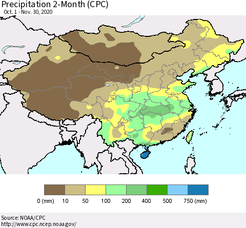 China, Mongolia and Taiwan Precipitation 2-Month (CPC) Thematic Map For 10/1/2020 - 11/30/2020