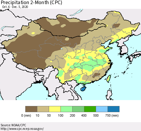 China, Mongolia and Taiwan Precipitation 2-Month (CPC) Thematic Map For 10/6/2020 - 12/5/2020
