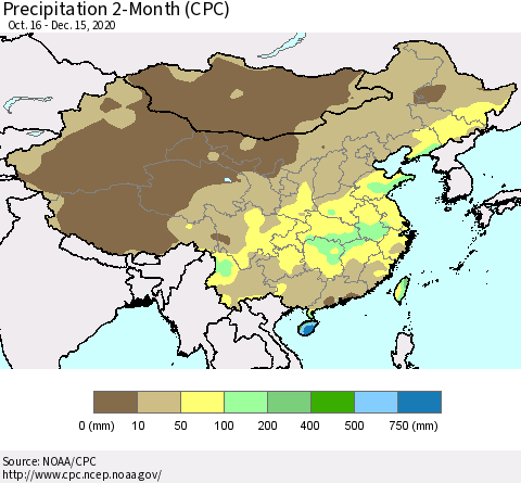 China, Mongolia and Taiwan Precipitation 2-Month (CPC) Thematic Map For 10/16/2020 - 12/15/2020