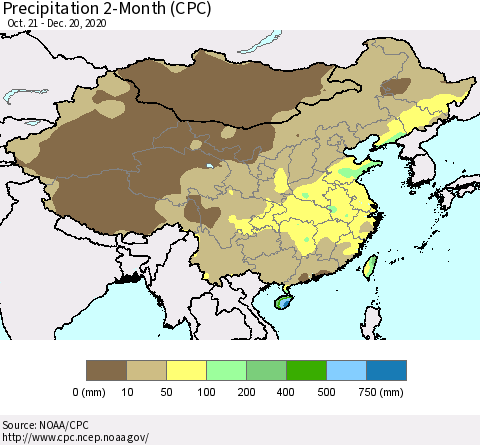 China, Mongolia and Taiwan Precipitation 2-Month (CPC) Thematic Map For 10/21/2020 - 12/20/2020