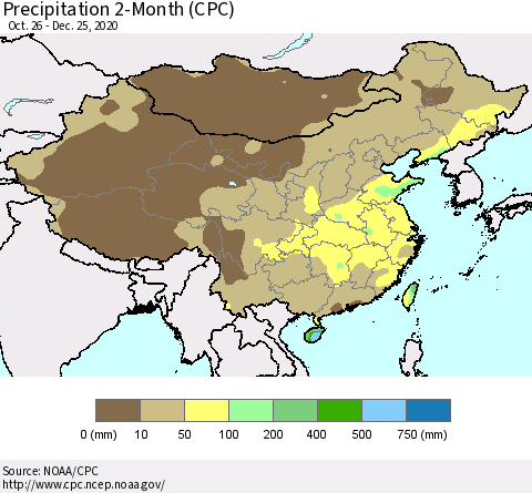 China, Mongolia and Taiwan Precipitation 2-Month (CPC) Thematic Map For 10/26/2020 - 12/25/2020