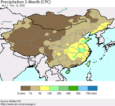 China, Mongolia and Taiwan Precipitation 2-Month (CPC) Thematic Map For 11/1/2020 - 12/31/2020