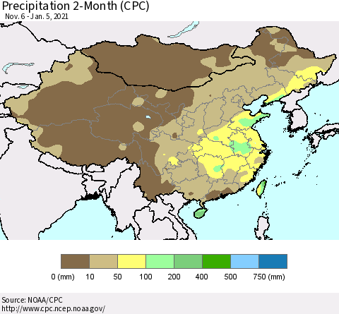 China, Mongolia and Taiwan Precipitation 2-Month (CPC) Thematic Map For 11/6/2020 - 1/5/2021